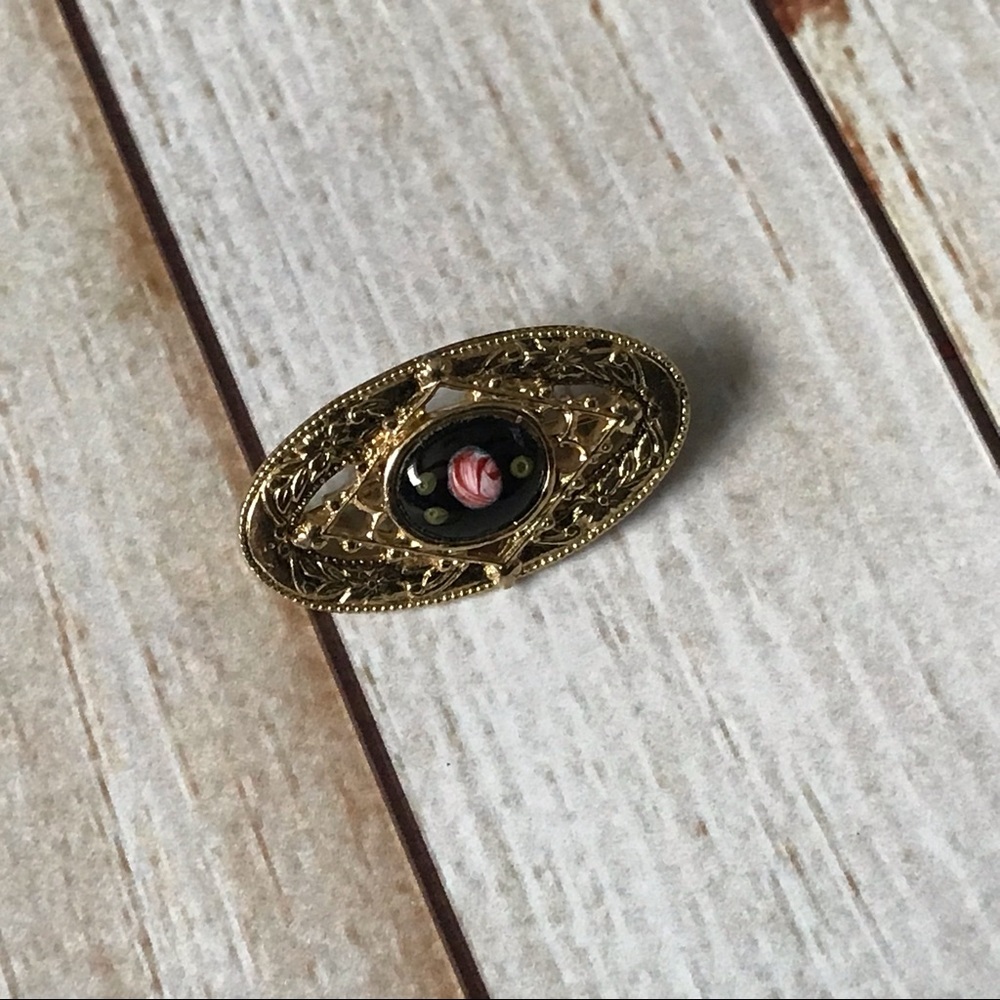 Vintage hand painted rose filigree brooch in gold